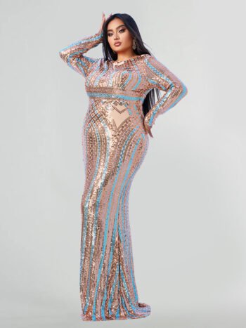 Plus Champagne and Multicolor Sequin Embellished High Slit Maxi Dress