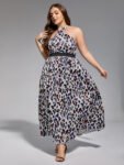 Plus Leopard Print Halter Elastic Waist Maxi Dress