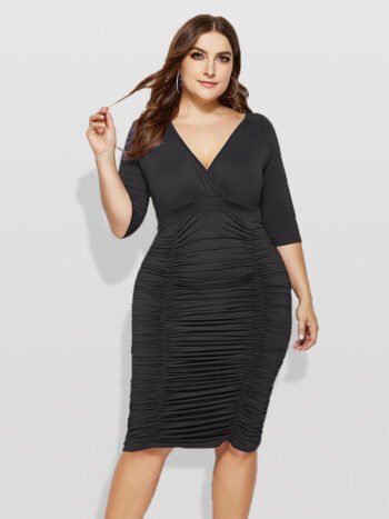 Plus V Neck Ruched Raglan Sleeve Bodycon Midi Dress