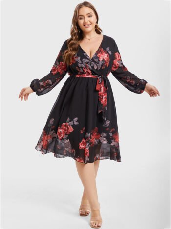 Plus Floral Crisscross Wrap Midi Dress