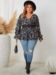 Floral Print V-Neck Flounce Sleeve Blouse