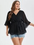 Contrast Mesh V-Neck Batwing Sleeve Belted Blouse