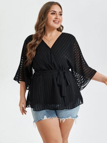 Contrast Mesh V-Neck Batwing Sleeve Belted Blouse