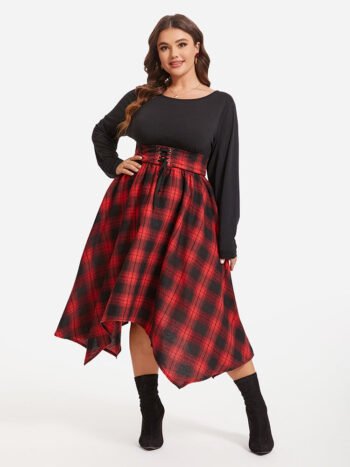 Plaid Print Lace Up Front Asymmetrical Hem Midi Dress