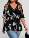 Floral V-Neck Lace Belted Blouse
