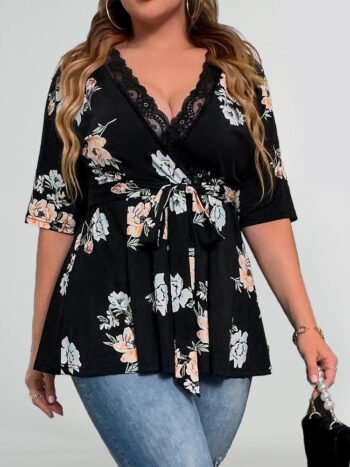 Floral V-Neck Lace Belted Blouse