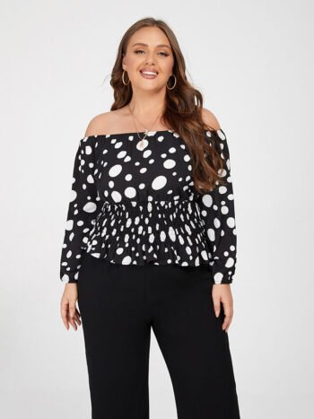 Plus Black Polka Dot Off Shoulder Elastic Waist Blouse