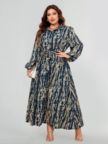 Random Tie-Dye Print Lantern Sleeve Shirt Dress
