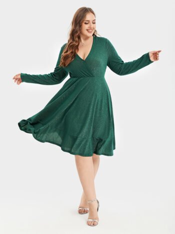 V-Neck Ruffle Hem Glitter Party Midi Dress