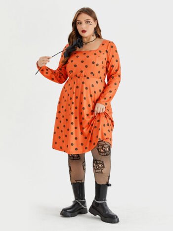 Halloween Print Square Neck Pocket  Midi Dress