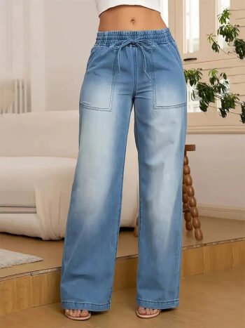 Elastic Waist Pocket Drawstring Wide Leg Jeans