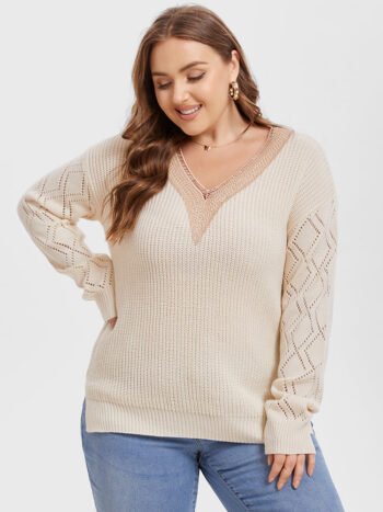 Eyelet Lace Drop Shoulder Split Pointelle Knit Sweater