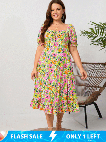 Plus Floral Square Neck Puff Sleeve Midi Dress