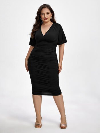 Plus Plain V Neck Ruched Ruffle Sleeve Party Midi Dress