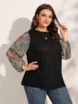 Plus Graphic Print Patchwork Lantern Sleeve T-Shirts