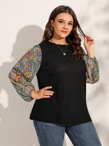 Plus Graphic Print Patchwork Lantern Sleeve T-Shirts
