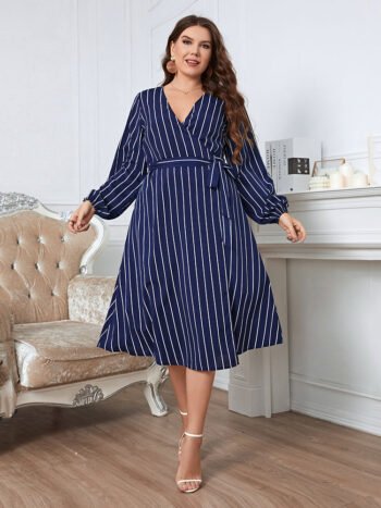 Plus Blue Striped Crisscross Wrap Midi Dress