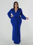 Solid Ruched Ruffles Deep V Neck Dress