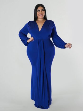 Solid Ruched Ruffles Deep V Neck Dress