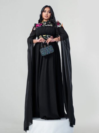 Plus Black Floral Embroidered Chiffon Sheer Cape Sleeves Maxi Dress