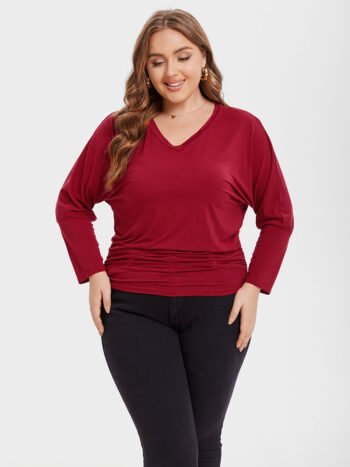 V-Neck Batwing Sleeve Ruched Tee