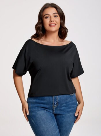 Plus Black Boat Neck Button Tee