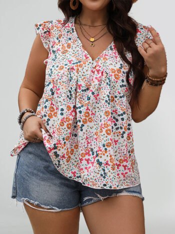 Floral Print V-Neck Ruffle Trim Blouse