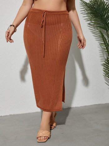 Plus Red Brown Tie Front Split Cover Up Skirt