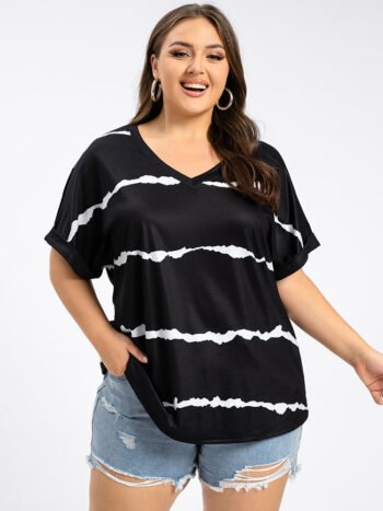 Plus Striped V-Neck Cuffed Sleeve Tee