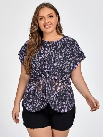Plus Black Floral Elastic Waist Dolman Sleeve Blouse
