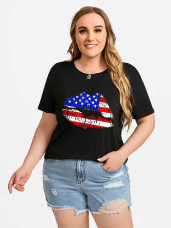 Plus Black Color Lip Print Round Neck Graphic Tee