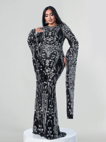 Plus Black Floral Sequin Embellished Long Sleeve Mermaid  Draped Sleeves Maxi Dress
