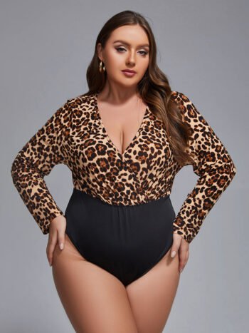 Plus Leopard Print Crisscross V-Neck Bodysuit