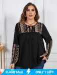 Plus Black Floral Patchwork Tie Neck Ruched Blouse