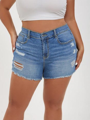 Plus Dark Blue Ripped Raw Cut Denim Shorts