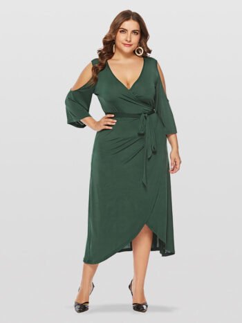 Plus Green V-Neck Cold Shoulder Wrap Ditsy Midi Dress