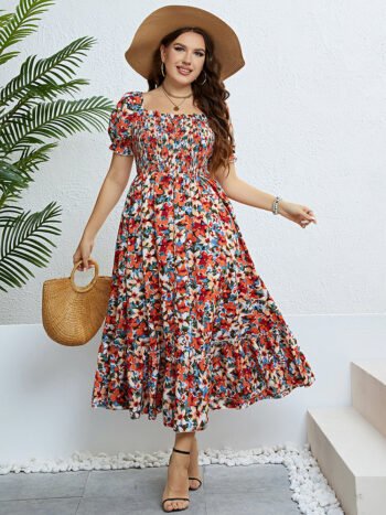 Plus Floral Puff Sleeve Ruffle Hem Maxi Dress