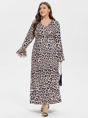 Leopard Print V-Neck Flounce Sleeve Maxi Dress