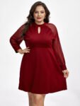 Plus Red Band Collar Mesh Patchwork Dress