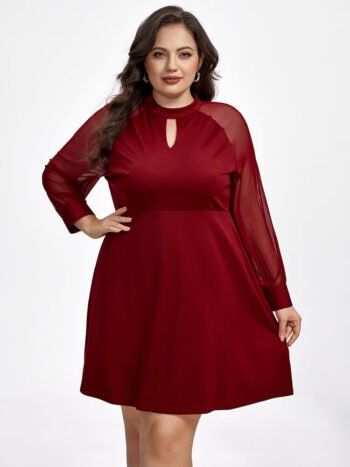 Plus Red Band Collar Mesh Patchwork Dress