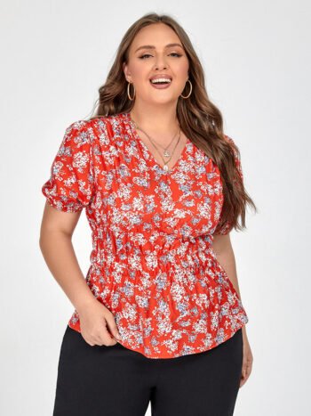 Plus Red Floral Puff Sleeve Elastic Waist Blouse