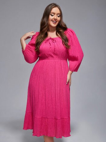 Plus Square Neck Puff Sleeves Shirred Midi Dress