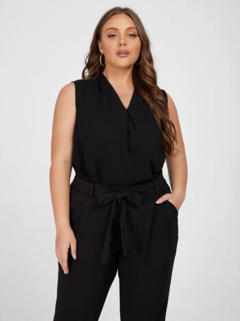 Plus Black V Neck Pleated Tank Top