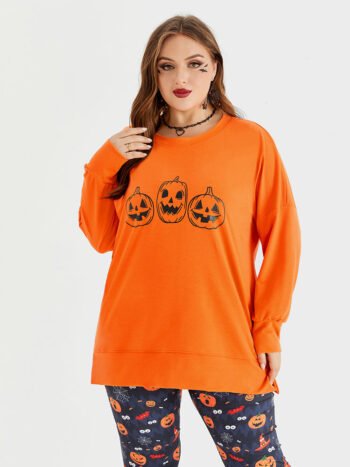 Halloween Pumpkin Print Drop Shoulder Sweatshirt