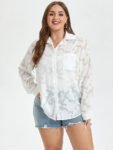 Solid Jacquard Drop Shoulder Pocket Button Front Blouse