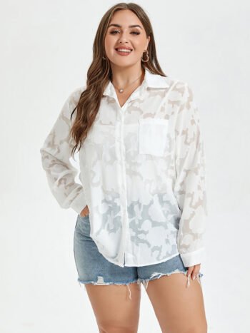 Solid Jacquard Drop Shoulder Pocket Button Front Blouse
