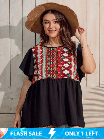 Plus Black Graphic Print Flutter Sleeve Ruffle Hem Blouse