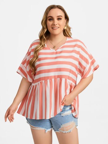 Plus Striped V-Neck Dolman Sleeve Blouse