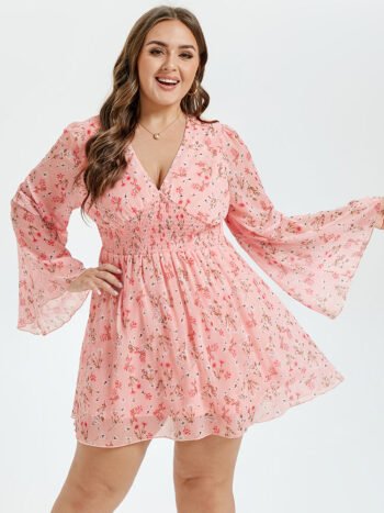 Plus Floral V Neck Ruched Ruffle Short Dress