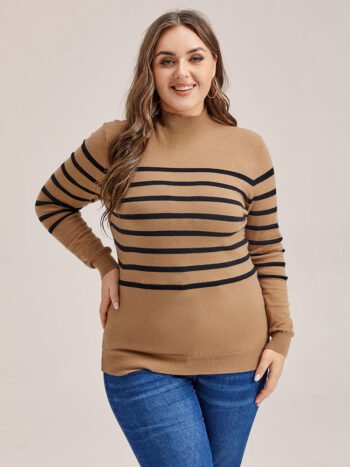Striped Pattern Mock Neck Sweater